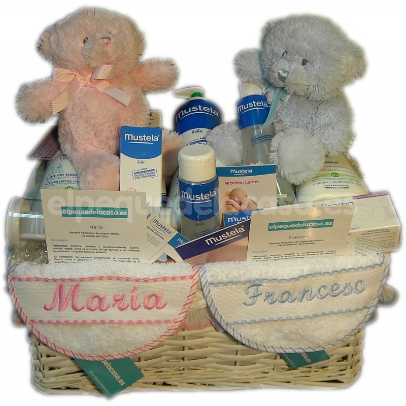 Canastilla para bebés mustela personalizable con oso peluche bordado